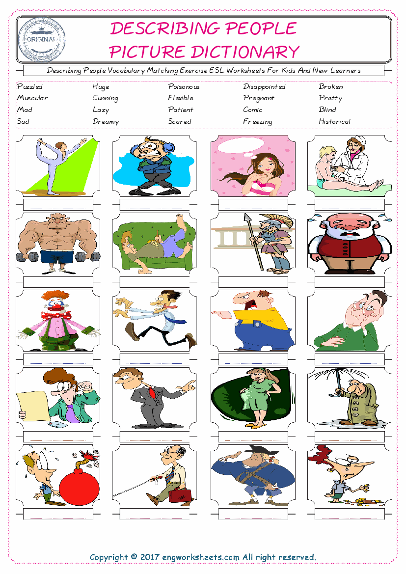  Describing People for Kids ESL Word Matching English Exercise Worksheet. 